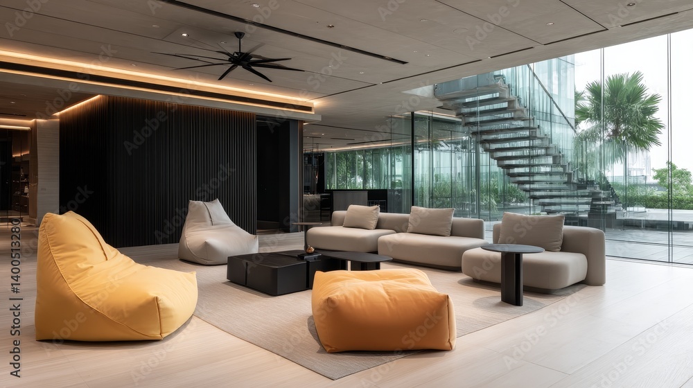 Poster wide-angle view captures a modern living room featuring warm lighting, comfortable furniture, and an