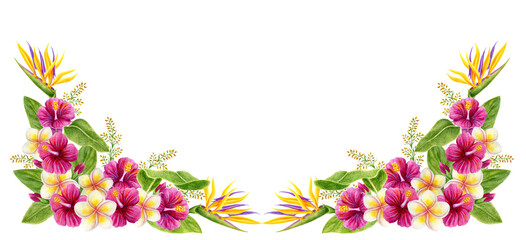 Tropical frame with tropics flowers and greenery. Hand drawn watercolor painting with hibiscus, frangipani and monstera palm leaves. Floral summer border.