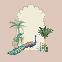 Traditional Mughal Wedding card monogram Design, Mughal Wall Mural, Peacock.
