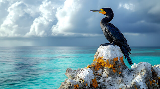 Cormorant perched on a coral rock formation turquoise ocean and cloudy sky backdrop creating a serene tropical paradis