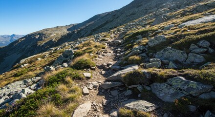 A rocky, narrow hiking trail winds uphill through a mountainous landscape with sparse vegetation under a clear blue sky