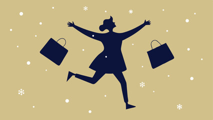 Holiday Shopper Silhouette A silhouette of a joyful shopper with bags in hand surrounded by falling snowflakes and stars capturing the thrill of shopping.