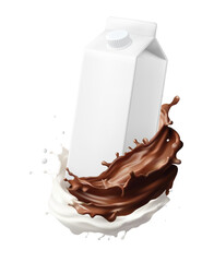 Dairy poster.Sweet milk chocolate splashes white milk carton with milk splashing for product display