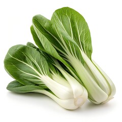 Bok Choy, hyper-realistic, ultra-detailed, vibrant green leaves with crisp white stalks, fresh and dewy, studio lighting, isolated on pure white background