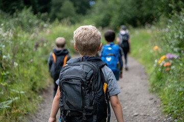 Fototapeta na wymiar A group of children hike along a scenic nature trail, highlighting adventure, exploration, and the beauty of the outdoors as they carry their backpacks with excitement.