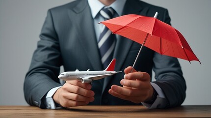 A businessman shields a small model airplane with a red umbrella, symbolizing travel insurance or flight protection, set on a neutral background on a wooden table.