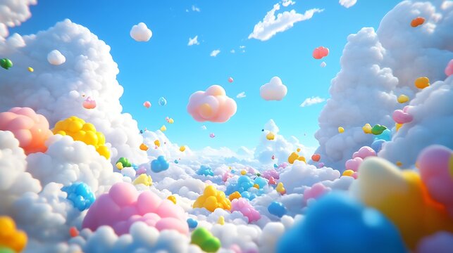 Cheerful bouncy 3D cartoon clouds scattered across a bright sky