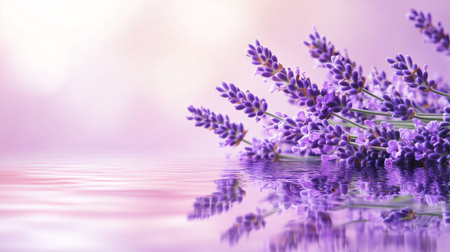 Lavender flowers floating on fresh clear pastel water, side view.