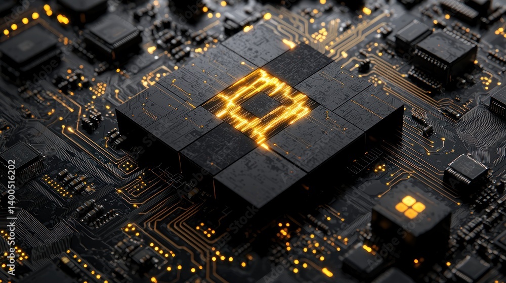 Poster illuminated circuitry: a close-up of a futuristic microchip