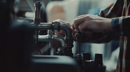 Construction worker adjusting plumbing pipes under a sink. Featuring technical skill and focus