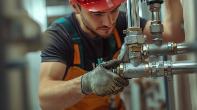 Construction worker adjusting plumbing pipes for installation. Featuring accuracy and planning