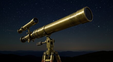 Fototapeta premium An antique brass telescope is mounted on a tripod against a backdrop of a starry night sky and distant mountains