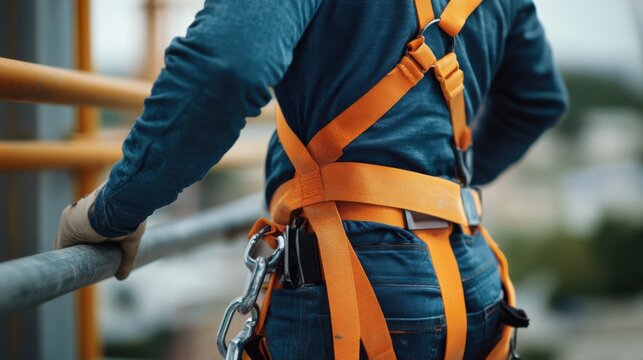 Construction worker adjusting safety harness before climbing scaffolding. Featuring safety and preparedness