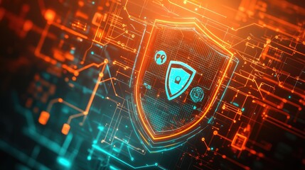 Illustration of a cybersecurity concept with a central shield icon surrounded