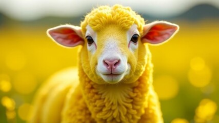 Naklejka premium Bright yellow lamb staring forward in a vivid flower field background close-up.