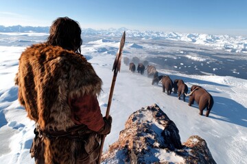 A prehistoric hunter watching a herd of woolly mammoths traverse the icy landscape, showcasing survival instinct and the grandeur of the Ice Age. Nature and wildlife unite in harmony.