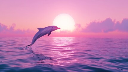 Dolphin Jumping From Ocean at Sunset with Vibrant Pink Sky
