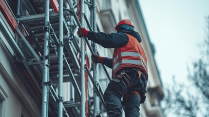 Construction worker adjusting scaffolding for elevated work. Featuring safety and coordination