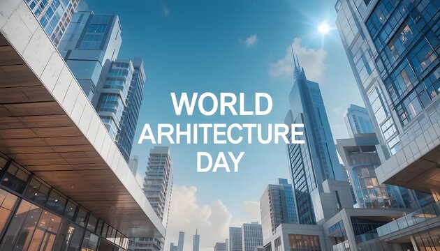 Celebrating World Architecture Day, a breathtaking view of modern skyscrapers reaching for a bright, sunny sky, showcasing innovative designs and urban landscapes.