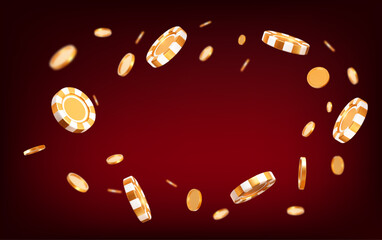 3d flying golden casino poker chips and coins with different angles. Gold and white chips for betting and gambling games. Stock vector illustration on isolated background.	