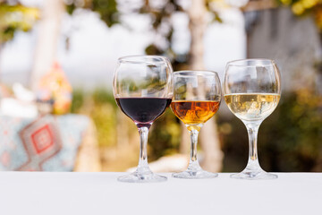 Three wine glasses with red, rose, and white wines stand on a white table outdoors, surrounded by greenery.
