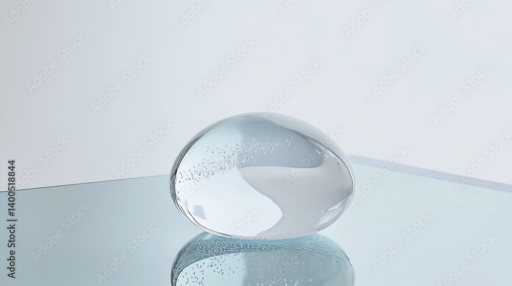 Poster translucent glass orb resting on a reflective surface, capturing light and creating soft shadows, ev