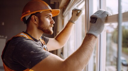 Construction worker adjusting window frames for installation. Featuring accuracy and craftsmanship