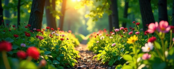 Obraz premium Sunlit forest trail with wildflowers and berries, Pathway, Leaves