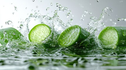 Fresh aloe vera slices in water splash (1)