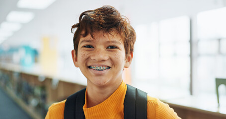 Portrait, knowledge and boy with braces, student and confidence with smile, pride and learning...