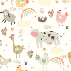 Seamless pattern with hand drawn farm animals, funny cow, chiken, sheep, bees, plants, rainbows and clouds. Vector illustration with cute animals and cartoon nature.