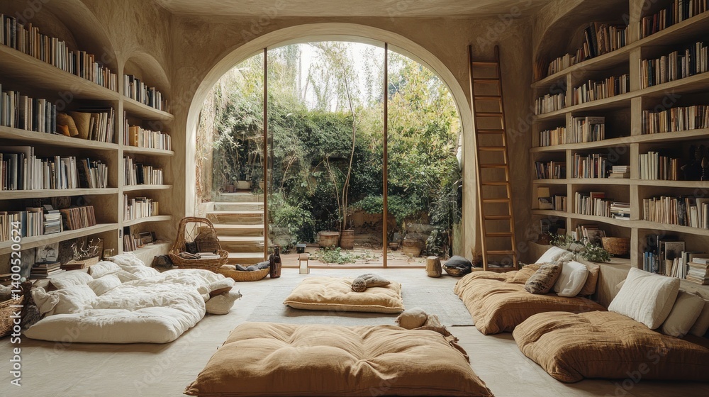 Poster serene library oasis: a tranquil reading nook with floor seating and arch window