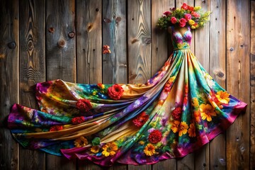 Fototapeta premium Fashion Photography: Floral Dress on Rustic Wooden Background