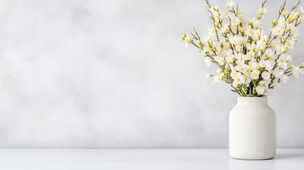 Fototapeta premium A white ceramic vase filled with delicate white flowers standing on a minimalist white table, soft focus background, and serene and elegant composition.