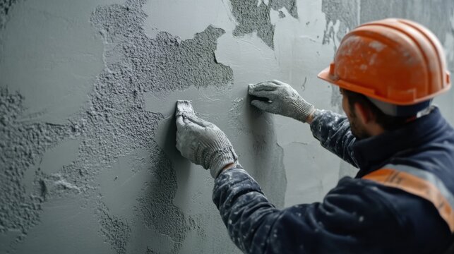 Construction worker applying plaster to walls for finishing. Featuring finesse and craftsmanship