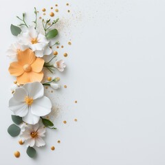 A white and gold flower arrangement with a green leaf