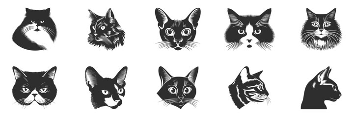 Cat Faces Silhouette Set. Diverse Feline Expressions And Breeds In Black And White. Isolated Vector Illustration Collection