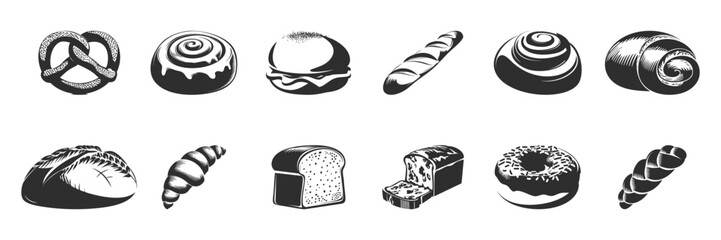 Bakery Goods Silhouette Set. Variety Of Bread And Pastries In Black And White Isolated Vector Illustration Collection