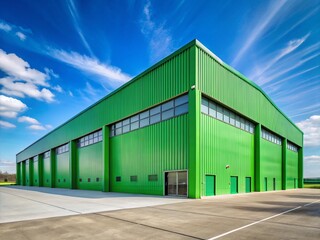 Obraz premium Expansive Green Industrial Hangar with Four Large Doors and Windows - Stock Photo