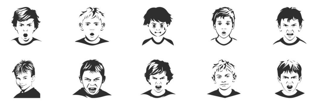Children'S Facial Expressions Silhouette Set. Emotions And Reactions In Kids' Faces Isolated Vector Illustration Collection