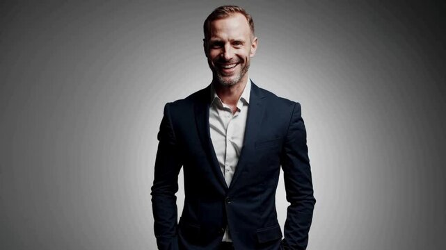 Confident businessman in suit standing in front of grey background