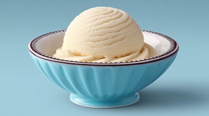 Vanilla ice cream scoop in light blue ceramic bowl centered on pastel background with soft ambient lighting evoking sweet indulgence frozen dessert and creamy texture
