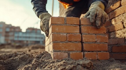 Construction worker arranging bricks for wall construction. Featuring meticulous work and planning