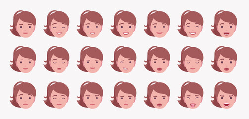 Attractive businesswoman, female face emotion set, ponytail hairstyle feelings bundle portrait icons, emotional states, eye gaze, facial expression pic, smiles, frowns, grimaces. Vector illustration