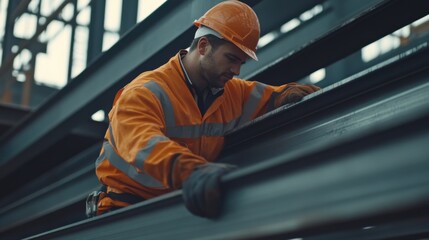 Construction worker assembling a steel frame for a building. Featuring teamwork and precision