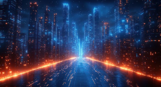 Futuristic Digital Cityscape Motion of Data Flow Binary Code Cyberpunk Neon Blue Lighting