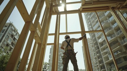 Construction worker assembling a wooden frame for a house. Featuring craftsmanship and structure