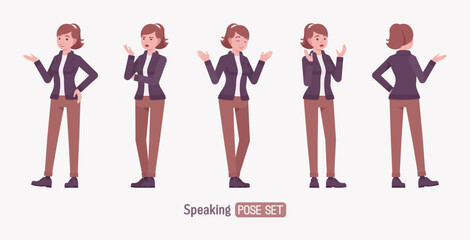 Attractive active young adult woman, speaking pose set. Casual apparel female model, ponytail hairstyle, activewear jacket, pants, everyday effortless comfort. Vector flat style cartoon illustration