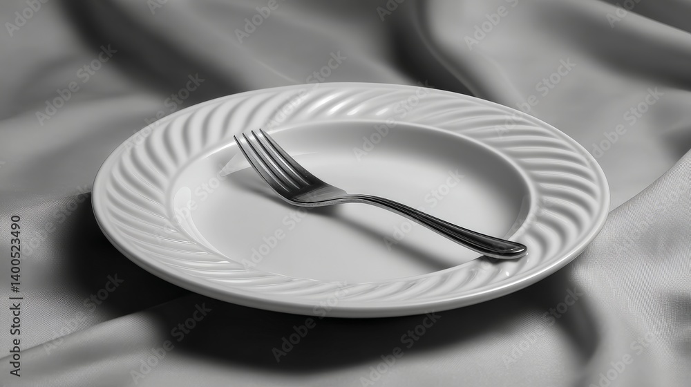 Poster black and white plate with arranged fork and spoon in minimal composition on striped surface capture