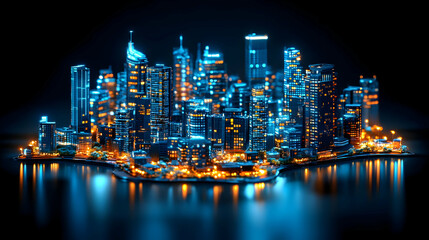 Naklejka premium Futuristic Cityscape at Night with Glowing Blue and Orange Lights Reflecting on the Water